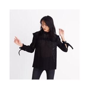 Madewell Black Eyelet Mockneck Ruffle Blouse Women’s Top Size L Long Sleeve